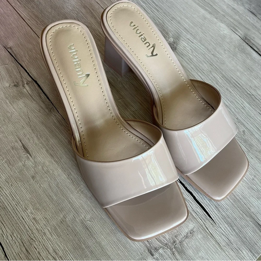 VIVIANLY✨ Square Toe Slide Heels Beige Nude Brand New